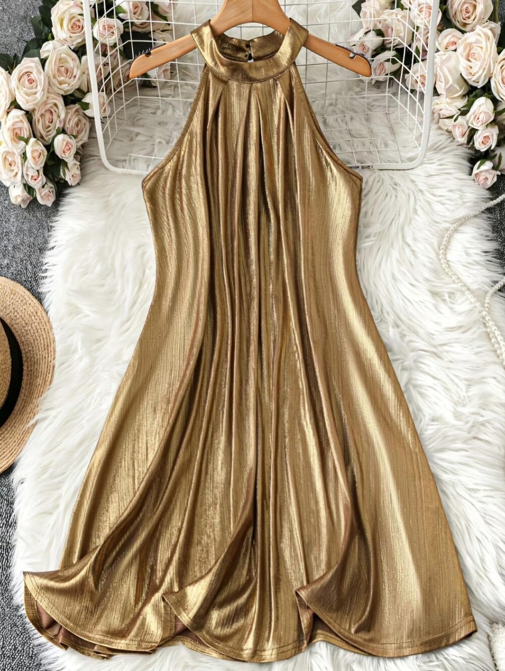 Women'S Golden Backless A-Line Skirt, Elegant Fashion Sleeveless Dress